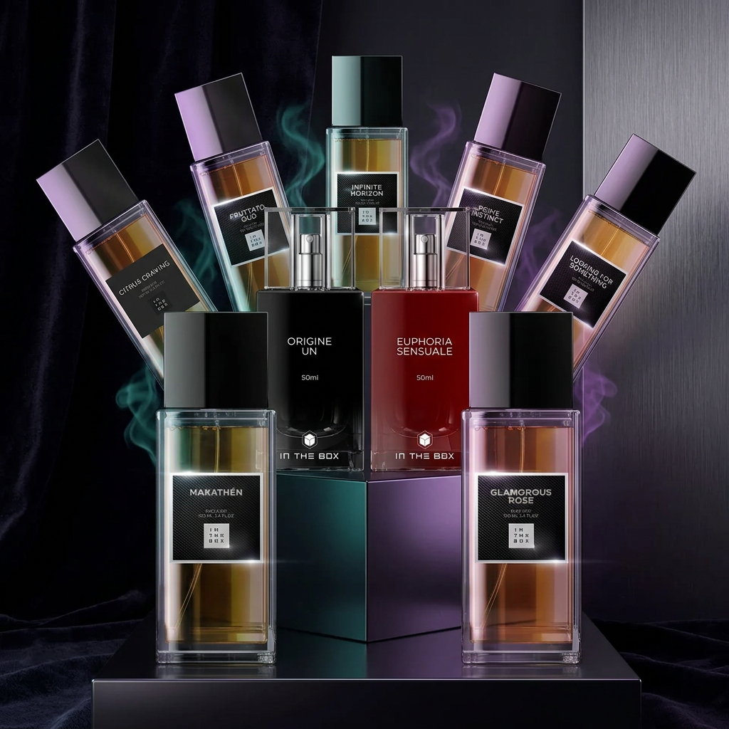 Frascos reais de perfumes In The Box (Makathen, Glamorous Rose, Origine Un, Euphoria Sensuale) em fundo escuro com iluminação violeta e teal