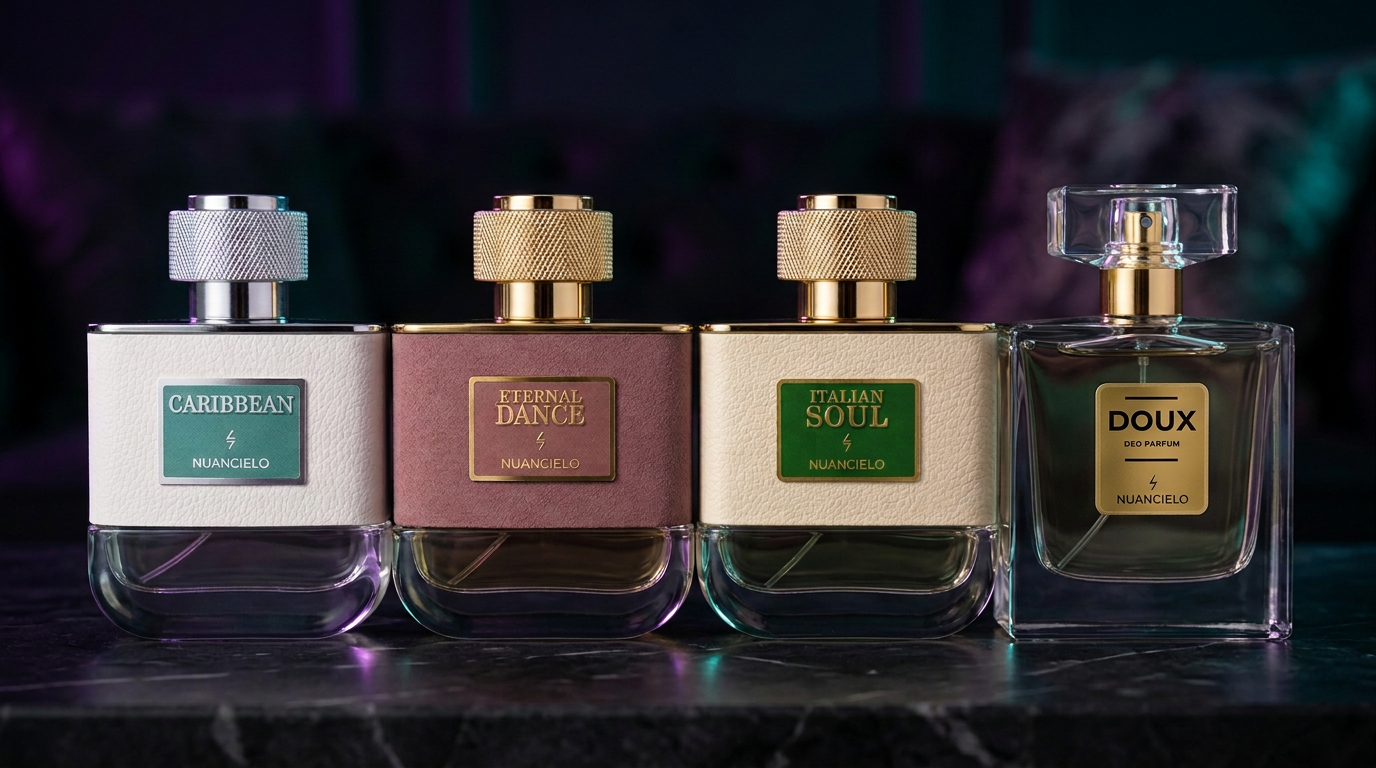 Frascos dos perfumes Nuancielo Caribbean, Eternal Dance, Italian Soul e Doux em fundo escuro