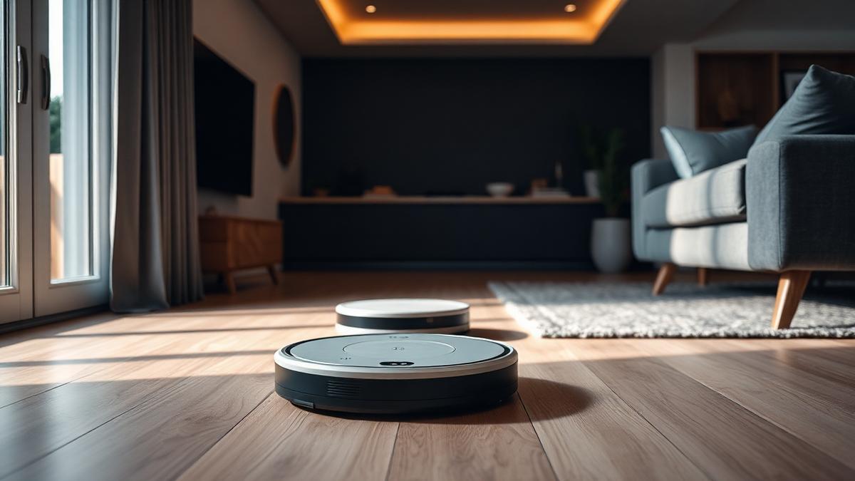 Robô aspirador limpando o piso de uma sala de estar